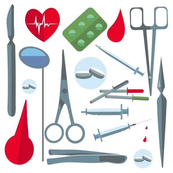 Conjunto de artículos médicos aislados, herramientas, tijeras, enema, tabletas — Archivo Imágenes Vectoriales