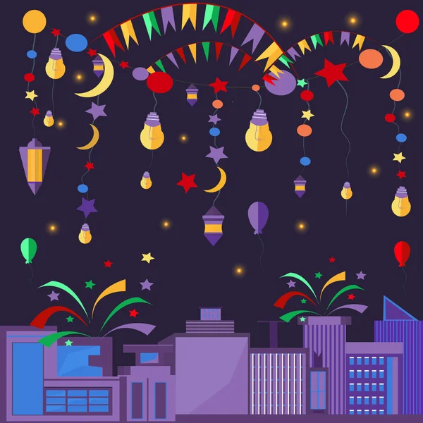 Night city festive elements balls, lamps, stars — Stock Vector