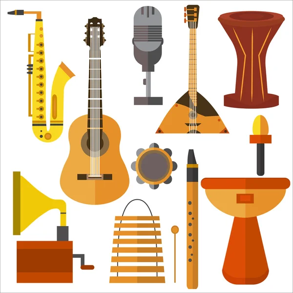 Set  musical instruments guitar, gramophone, trumpet, microphone, balalaika — Stockvector