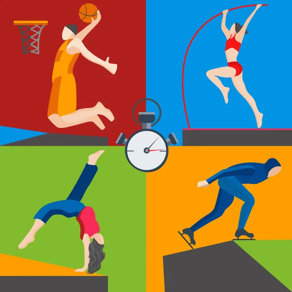 Patinador de atletas, baloncesto, salto de pértiga, bailarina — Vector de stock