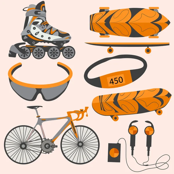 Sport uitrusting rollerblades, skate, fiets, bril — Stockvector