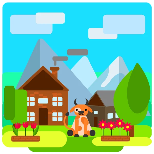 Cow on farm near the house — Stock Vector