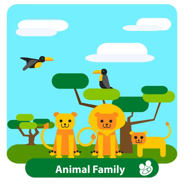 Familia leilor de desene animate cu copaci și păsări — Vector de stoc