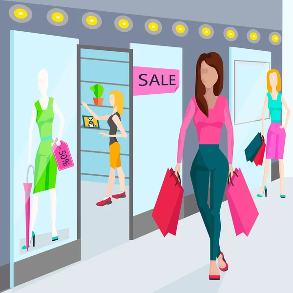 Mädchen mit Taschen zum Einkaufen. Geschäfte im Hintergrund — Stockvektor