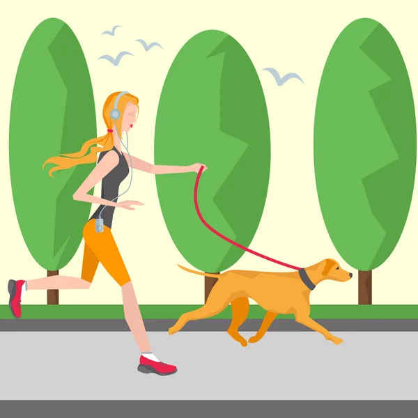 Chica corriendo en auriculares con un reproductor — Vector de stock