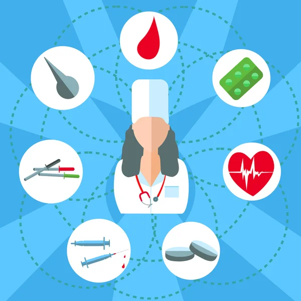 Доктор женщина изолированные объекты набор медицинских, шприцы, таблетки, ЭКГ — стоковый вектор