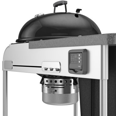 The charcoal grill with an electronic timer and chrome plating elements, close view