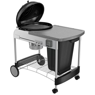 Grill with table, closed containers for collection of coal