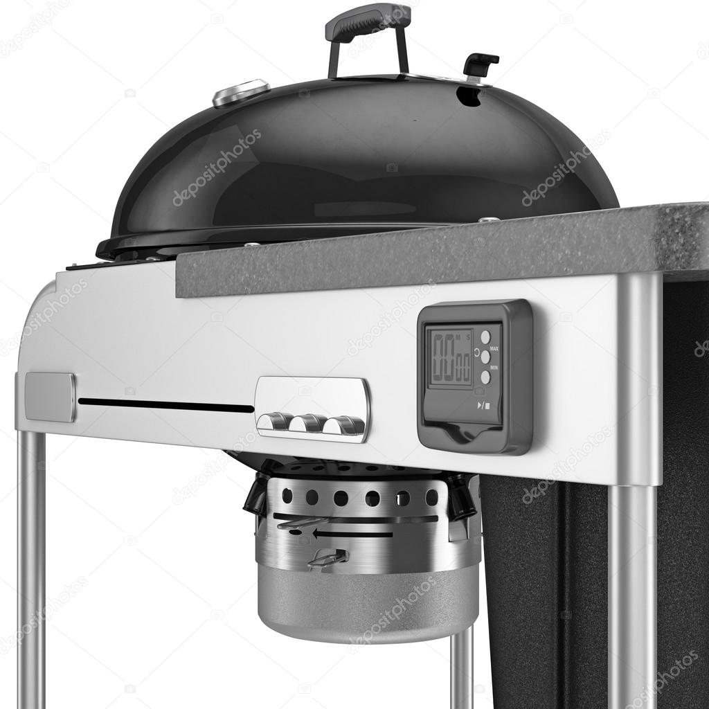 The charcoal grill with an electronic timer and chrome plating elements, close view