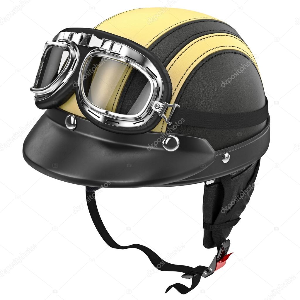 Black leather motorcycle helmet with goggles retro style Stock Photo by