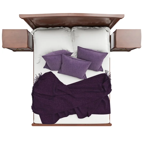 Bed with pillows and blanket cover, top view — Stock Photo, Image