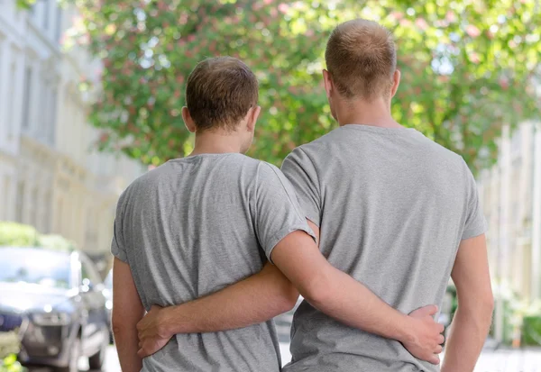 Bahar bir sokakta yürüyen iki eşcinsel adam portre nasıl onlar mutlu gülümseyerek ve sarılma 