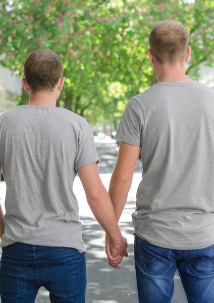 Bahar bir sokakta yürüyen iki eşcinsel adam portre nasıl onlar mutlu gülümseyerek ve sarılma 