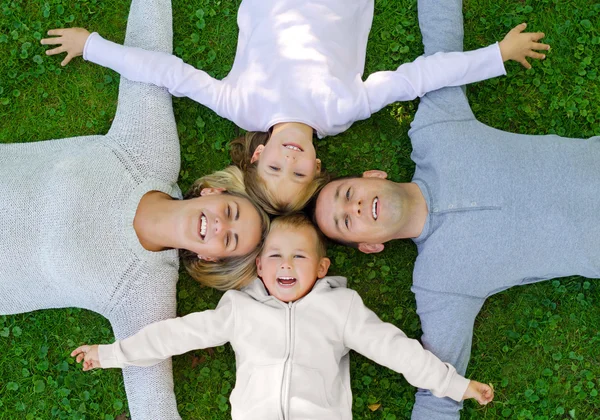 Aile çim üzerinde yalan ve gülümseyen