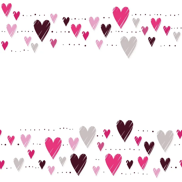 Pink hearts on white background messy double horizontal border romantic Valentines Day seamless pattern — Stock Vector