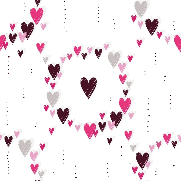 Pink hearts messy romantic Valentines Day wreath seamless pattern on white background — Stock Vector