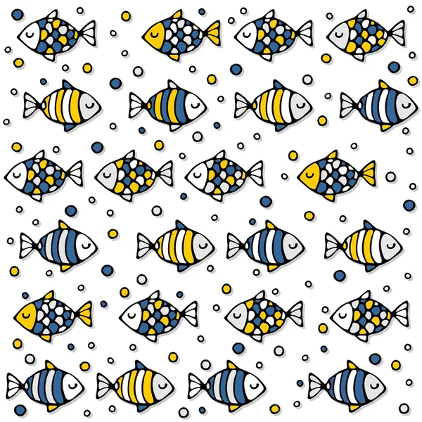 Poissons colorés de mer profonde en rangées régulières sur fond blanc motif sans couture — Image vectorielle