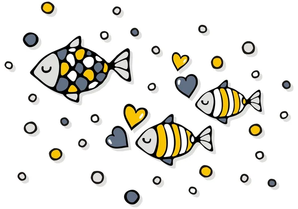 Peixes de mar profundo com crianças coloridas com corações bolha em um fundo branco ilustração cartoon abstrato — Vetor de Stock