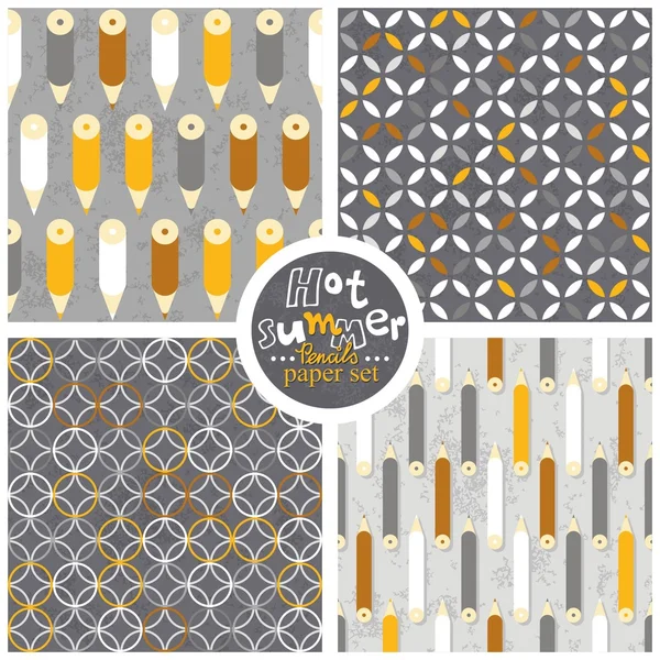 Yellow white gray pencils leaves and circles geometrical colorful retro seamless pattern set on light and dark gray background — Stock Vector