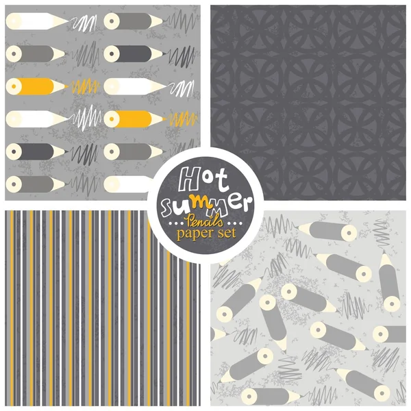 Yellow white gray pencils leaves stripes and circles geometrical colorful retro seamless pattern set on light and dark gray background — Stock Vector