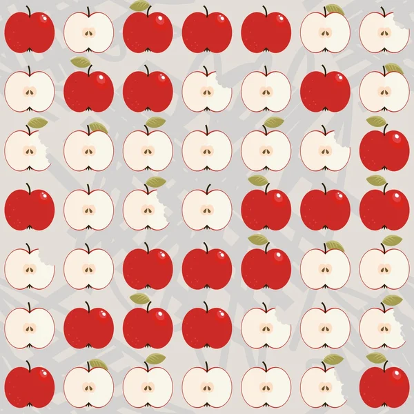Apples whole and half messy food raw healthy fruit autumn seasonal seamless pattern on light background with torn blank round piece of paper with place for your text on green ribbon — Stock Vector