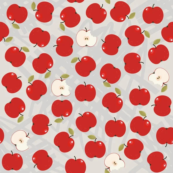 Apples whole and half messy food raw healthy fruit autumn seasonal seamless pattern on light background with torn blank round piece of paper with place for your text on green ribbon — Stock Vector