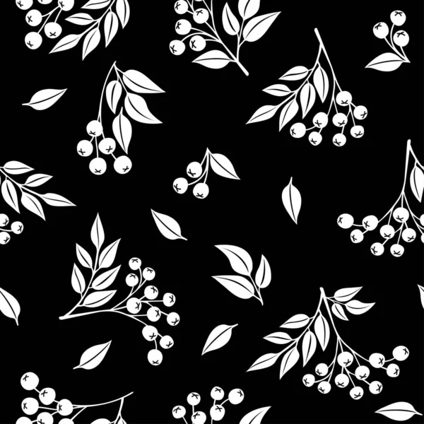 Monocromo Bayas Rowan Frutas Hojas Patrón Sin Costura Fondo Vectorial — Vector de stock