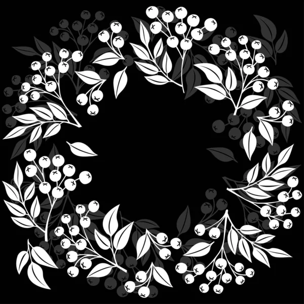 Monochrome Rowan Berry Tree Fruits Leaves Decorative Wreath Vector Illustration — Stock Vector