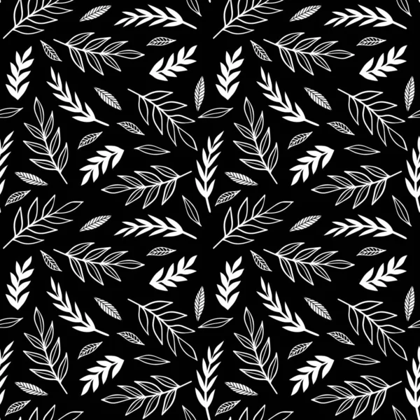 Monochrome Messy Linear Leaves Seamless Pattern Repeatable Vector Background Retro — Stock Vector