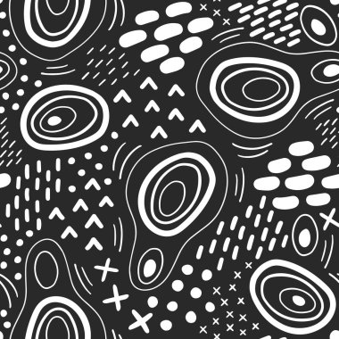 Tek renkli siyah-beyaz organik karalama vektörü kusursuz desen. Koyu arkaplanda modern el çizimi grafik dekoratif elementler.
