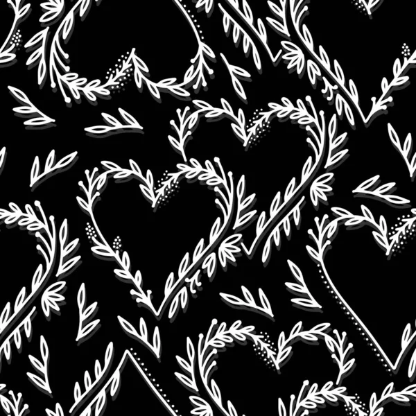 Floral Hearts Monochrome Botanical Romantic Graphic Vector Seamless Pattern White — Stock Vector