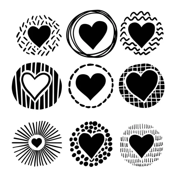 円ロマンチックな装飾セットで手描きの心 箇条書きの日誌Webビジュアルノートスケッチ要素 孤立したグラフィックモノクロームベクトルのドドル — ストックベクタ