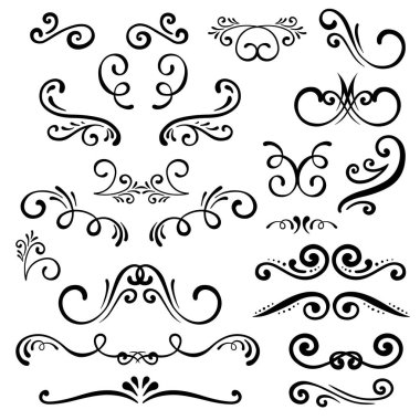 El çizimi kıvırcık süsler. Hat kartı posteri, düğün nişanı menüsü başlık, süs eşyası. İzole edilmiş grafik vektör kümesi.