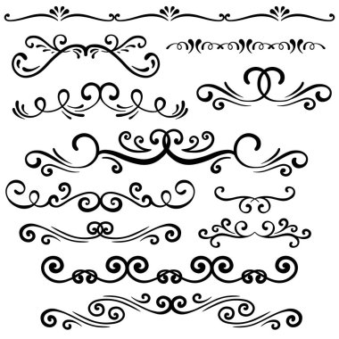 El çizimi kıvırcık süsler. Hat kartı posteri, düğün nişanı menüsü başlık, süs eşyası. İzole edilmiş grafik vektör kümesi.