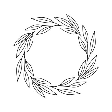 Tek renkli doğrusal yaprak çelengi çizimi. Beyaz zemin üzerinde retro tarzı düz botanik şekilleri olan zarif vektör süslemesi.