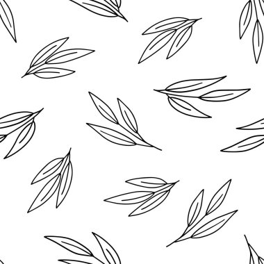Tek renkli doğrusal yapraklar dalsız desen üzerinde. Beyaz üzerinde retro stil düz botanik şekilleri ile tekrarlanabilir vektör arkaplanı.