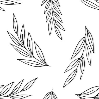 Tek renkli doğrusal yapraklar dalsız desen üzerinde. Beyaz üzerinde retro stil düz botanik şekilleri ile tekrarlanabilir vektör arkaplanı.