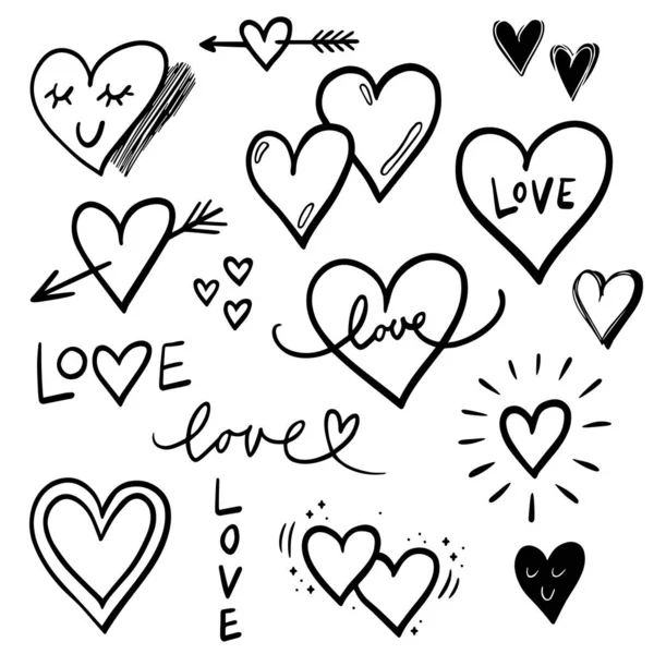El yapımı kalpler ve aşk işaretleri romantik bir dekor seti. Bullet günlük web görsel not çizim elementleri. İzole grafik tek renkli vektör karalamaları.