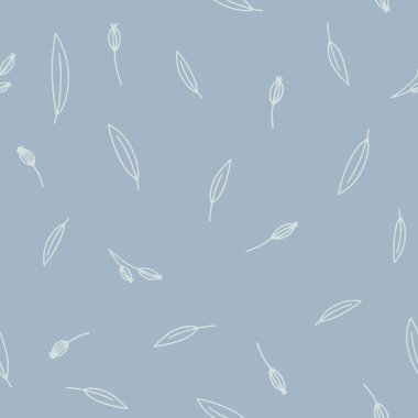 Renkli, dağınık doğrusal yapraklar ve tomurcuksuz desenler. Mavi arkaplan üzerinde retro stil düz botanik şekilleri ile tekrarlanabilir vektör arkaplanı.