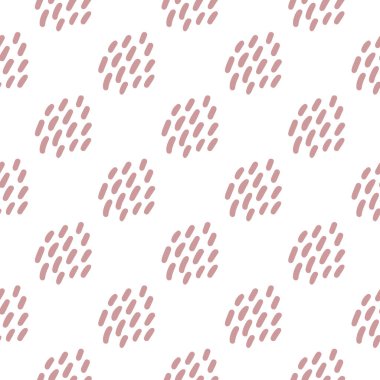 Düzenli gruplar halinde elle çizilmiş pembe dikiş şekilleri. Soyut modern trend vektör illüstrasyonu. Beyaz arkaplanda tek renkli dikişsiz desen.