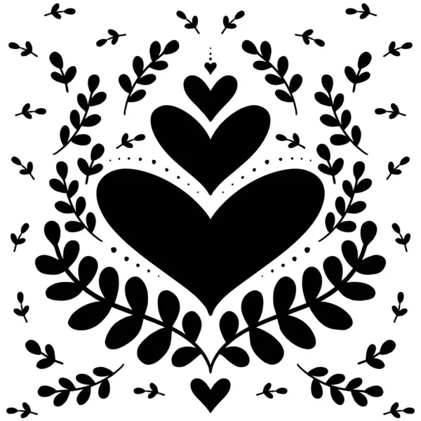 Black White Heart Bouquet Surrounding Branches Love Feelings Hearts Florals — Stock Vector