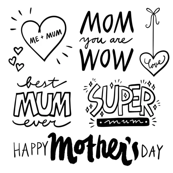 Mother Day Hand Drawn Love Mom Quotes Wishes Doodle Elements — Stock Vector