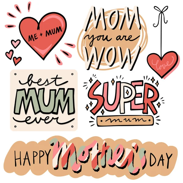 Día Madre Dibujado Mano Amor Mamá Citas Deseos Con Elementos — Vector de stock