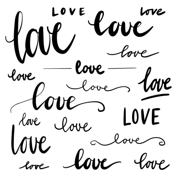 Parola Amore Nero Disegnato Mano Testo Calligrafico Scritto Molti Modi — Vettoriale Stock
