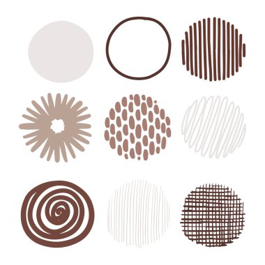 El çizimi yuvarlak dekor seti. Bullet günlük web görsel not çizim elementleri. İzole edilmiş grafik vektör kümesi. Kahverengi bej nötr renk paleti.