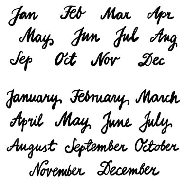Aylık isimler. Yılın aylarının isimlerinin yazılı olduğu el yazısı seti. Beyaz Arkaplanda Çağdaş Kaligrafi. Çizim. Zamanlama ayarlanıyor.