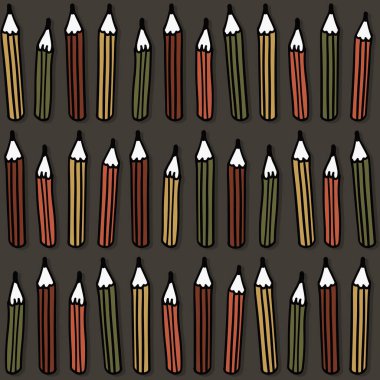 El çizimi karalama tarzı renkli kalemler yatay sırada. Koyu arkaplanda izole edilmiş vektörsüz desen.