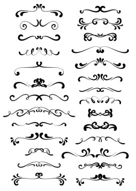 El çizimi kıvırcık süsler. Hat kartı posteri, düğün nişanı menüsü başlık, süs eşyası. İzole edilmiş grafik vektör kümesi.