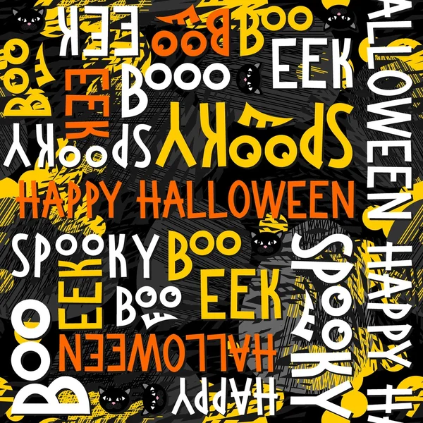 Feliz halloween blanco negro amarillo anaranjado letras y gatos negros vacaciones de otoño patrón inconsútil colorido sobre fondo oscuro — Vector de stock