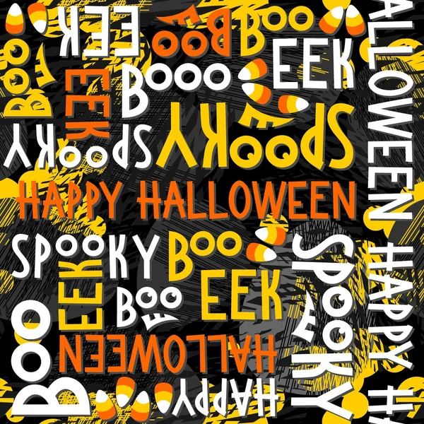 Feliz halloween branco preto amarelo laranja letras e doces outono feriado colorido sem costura padrão no fundo escuro — Vetor de Stock